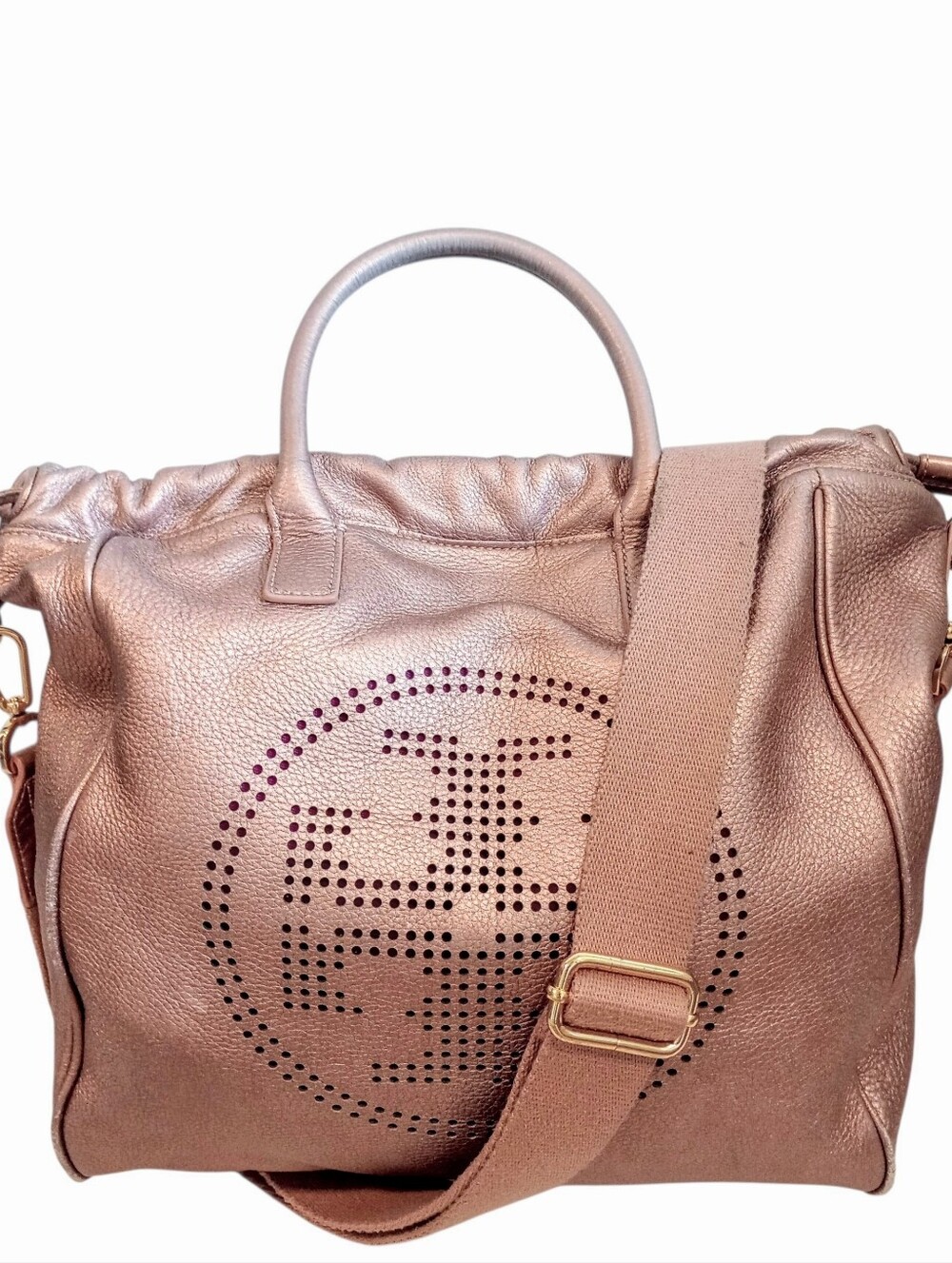 Tory Burch Perforated Logo Metallic Leather Drawstring Tote